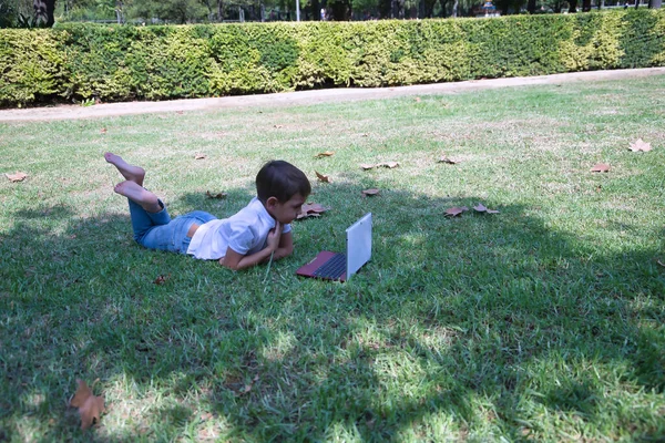 Junge Liegt Gras Einem Park Und Beobachtet Eine Tablette Konzepttechnik — Stockfoto
