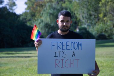 Eşcinsel gurur bayrağı taşıyan ve mesajla imzalayan eşcinsel çocuk, özgürlük bir haktır. Gey kavramı, lgbtq +, dahil etme, lezbiyen, lgbtq.