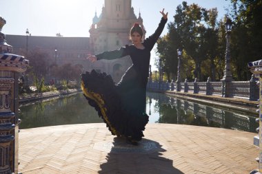 Genç flamenko kadın, İspanyol ve esmer, tipik siyah renkli flamenko dans takımı ve kuyruğu olan, göl kenarında güneş ışınlarıyla dans eden. Flamenko kavramı, dansçı, tipik İspanyol dansı..