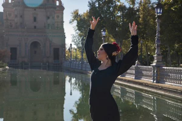 若いフラメンコの女性 ヒスパニックとブルネット 黒い色と尾で典型的なフラメンコダンススーツと 湖の横にある太陽光線で踊る フラメンコ ダンサー スペイン舞踊の概念 — ストック写真