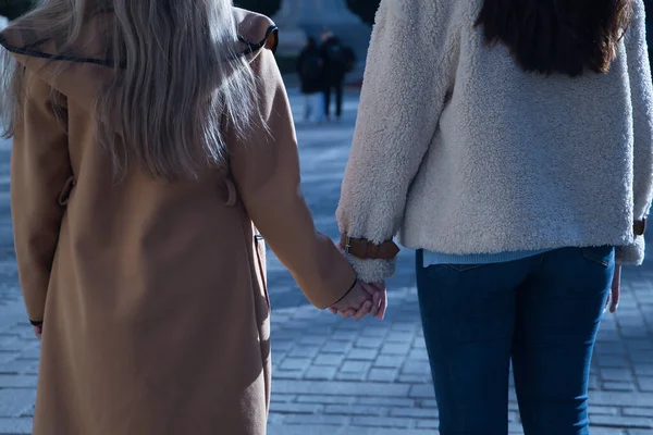 若い女性の実際のカップルに戻るには 愛情のある態度で街を歩く手を握っている 概念Lgtbiq レズビアン — ストック写真