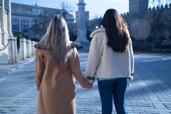 若い女性の実際のカップルに戻るには 愛情のある態度で街を歩く手を握っている 概念Lgtbiq レズビアン — ストック写真
