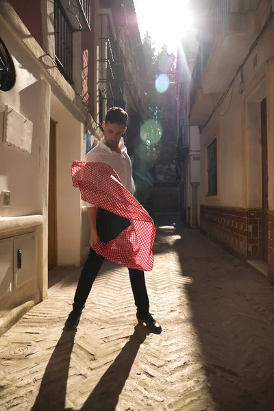 Jovem Espanhol Camisa Branca Calças Sapatos Dança Preta Dançando Flamenco — Fotografia de Stock