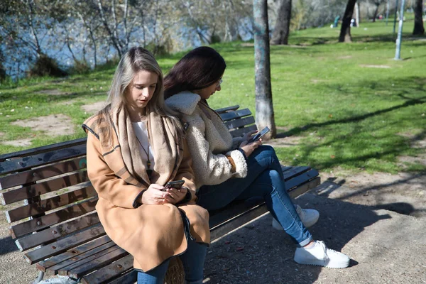 Prawdziwa Para Młodych Kobiet Siedząca Ławce Sprawdzająca Portale Społecznościowe Komórkach — Zdjęcie stockowe