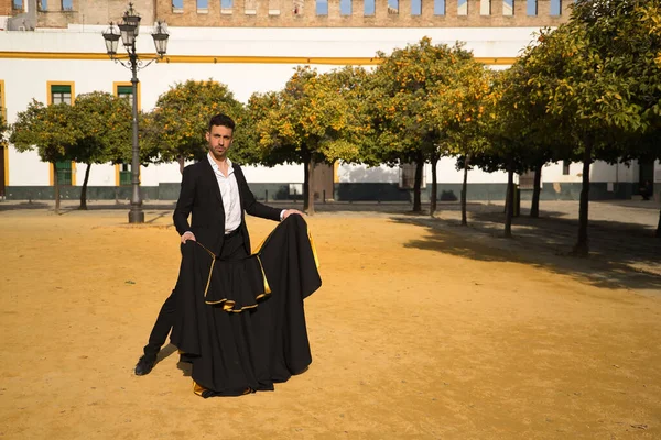 Jovem Espanhol Camisa Preta Casaco Calças Com Sapatos Dança Flamenco — Fotografia de Stock