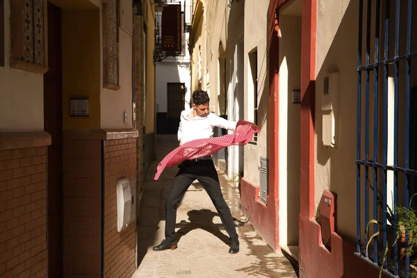 Young Spanish Man White Shirt Black Pants Dance Shoes Dancing — Stock Photo, Image