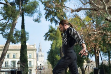 Sakallı, at kuyruklu, siyah tişörtlü, beyaz benekli, siyah pantolonlu ve ceketli, sahnede flamenko dansı yapan genç bir adam. Sanat, dans, kültür, gelenek.