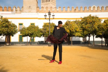 Siyah tişörtlü, ceketli ve pantolonlu, kırmızı dans ayakkabılı, siyah mendilli, kırmızı benekli genç bir İspanyol. Sanat, dans, kültür, gelenek.