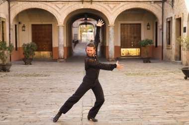 Sakallı, at kuyruklu, siyah şeffaf gömlekli, siyah puantiyeli, kırmızı güllü, siyah pantolonlu ve ceketli, şehirde flamenko dansı yapan genç bir adam. Sanat, dans, kültür, gelenek.