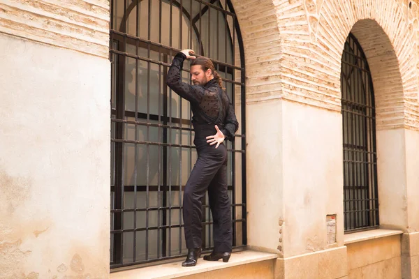 Young Man Beard Ponytail Wearing Black Transparent Shirt Black Polka — ストック写真