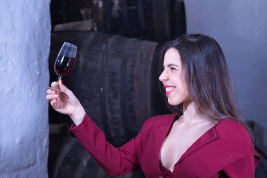 Mahzeninden kırmızı şarap kadehine bakan kırmızı elbiseli güzel genç bir kadının portresi. Konsept iş kadını, girişimci, içki, şarap, alkol.