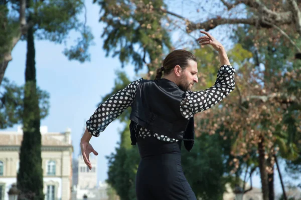 Sakallı, at kuyruklu, siyah tişörtlü, beyaz benekli, siyah pantolonlu ve ceketli, sahnede flamenko dansı yapan genç bir adam. Sanat, dans, kültür, gelenek.