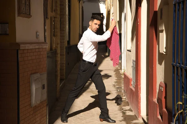 Joven Español Camisa Blanca Pantalón Negro Zapatos Baile Bailando Flamenco — Foto de Stock