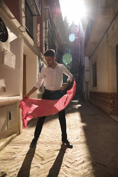 Jovem Espanhol Camisa Branca Calças Sapatos Dança Preta Dançando Flamenco — Fotografia de Stock