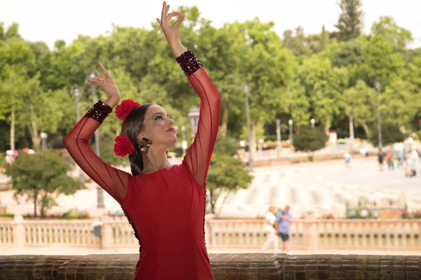 Young Teenage Woman Red Dance Suit Red Carnations Her Hair — 스톡 사진