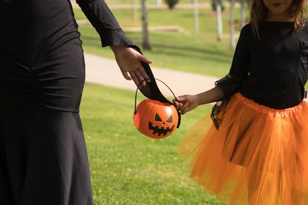 Detail Pumpkin Clutched Hands Woman Black Witch Suit Girl Orange — Stock Fotó