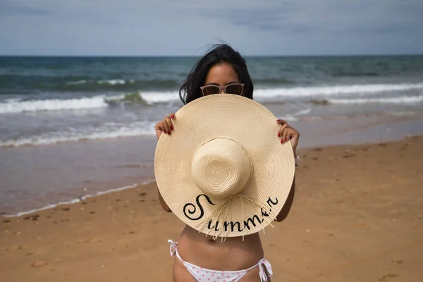 South American Woman Young Beautiful Brunette Sunglasses Bikini Covering Her — стоковое фото