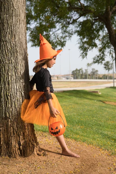 Girl Black Shirt Witch Hat Orange Skirt Pumpkin Her Hands — Stock Fotó