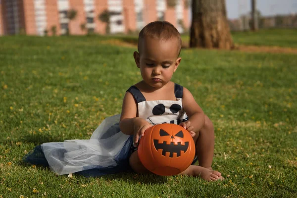 Baby Sitting Grass Playing Put Candy Pumpkin Outdoor Park Celebrating — Photo