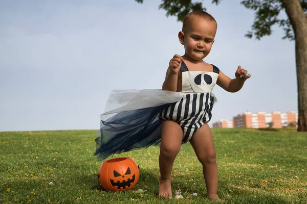 Costumed Baby Taking His First Steps Grass Playing Put Candy — Stok Foto