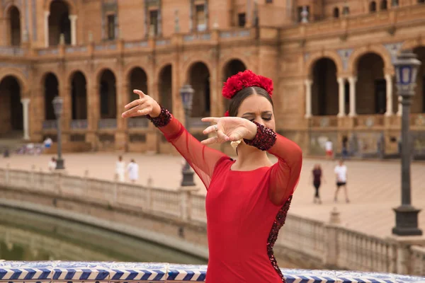 Young teenage woman in red dance suit with red carnations in her hair doing flamenco dance poses. Flamenco concept, dance, art, typical Spanish dance.