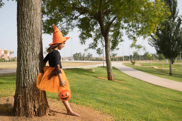 Girl Black Shirt Witch Hat Orange Skirt Pumpkin Her Hands — Fotografia de Stock