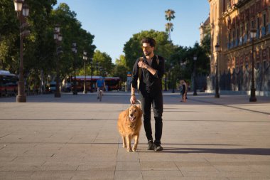 Sakallı, güneş gözlüklü, siyah gömlekli ve sırt çantalı genç bir İspanyol köpeğiyle şehirde dolaşıyor. Hayvanlar, köpekler, aşk, evcil hayvanlar, altın.