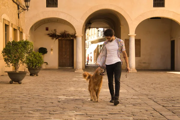 Young Hispanic Man Beard Sunglasses Walking His Dog Very Happy — стоковое фото
