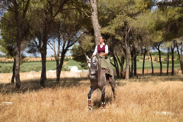 Woman Horsewoman Young Beautiful Walking Her Horse Pine Forest Countryside — Stok fotoğraf