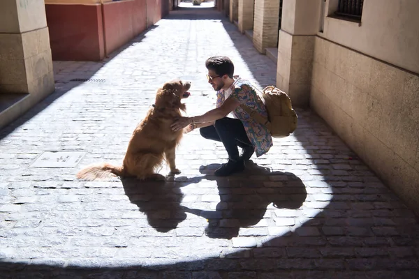 Молодой Латиноамериканец Бородой Солнцезащитными Очками Приседающий Собакой Держа Лапу Солнечной — стоковое фото