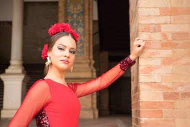 Saçında kırmızı karanfiller olan ve flamenko yapan genç bir kadının portresi tuğla duvara yaslanmış duruyor. Flamenko konsepti, dans, sanat, tipik İspanyol dansı.