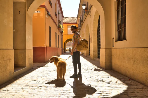 Young Hispanic Man Beard Sunglasses His Dog Holding Leash Walking — 스톡 사진
