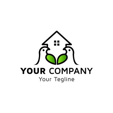 Kuşlu şeftali evi, renkli yapraklı emlak imajı, logo tasarımı fikri.