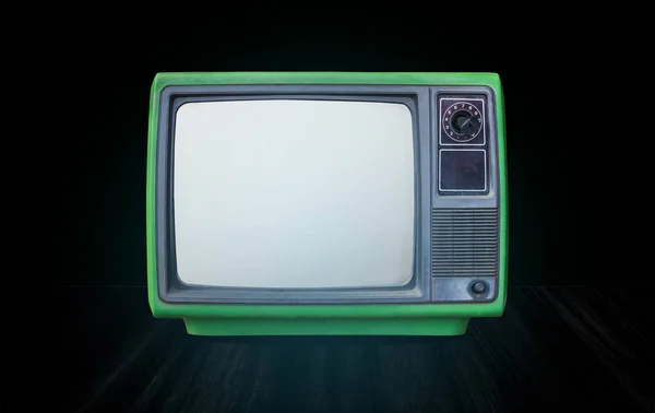 Retro Old Green Television Receiver Table Front Gradient Green Wall — Stockfoto