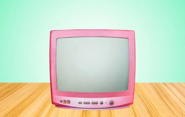Ретро Старый Розовый Телевизионный Приемник Фоне Зеленой Стены — стоковое фото