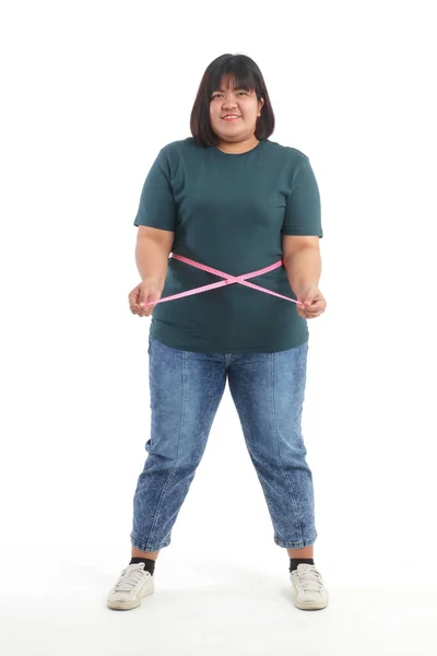Mulheres Obesas Tentando Perder Peso Usam Uma Fita Métrica Torno — Fotografia de Stock