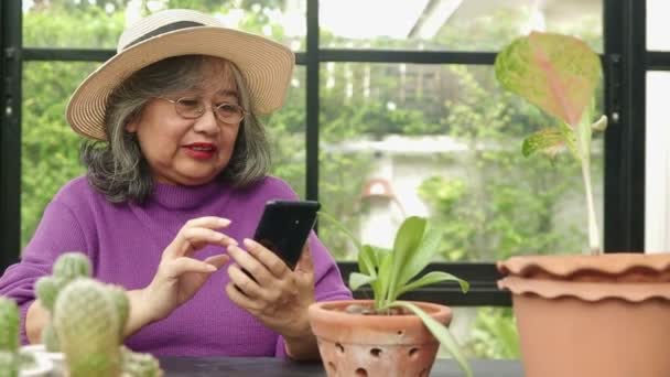 Ασιάτισσες Ηλικιωμένες Γυναίκες Ζουν Στο Σπίτι Έχει Ένα Smartphone Για — Αρχείο Βίντεο