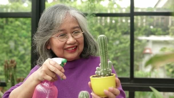 Ασιάτισσες Ηλικιωμένες Γυναίκες Ζουν Στο Σπίτι Ποτίζει Δέντρα Χαρά Της — Αρχείο Βίντεο