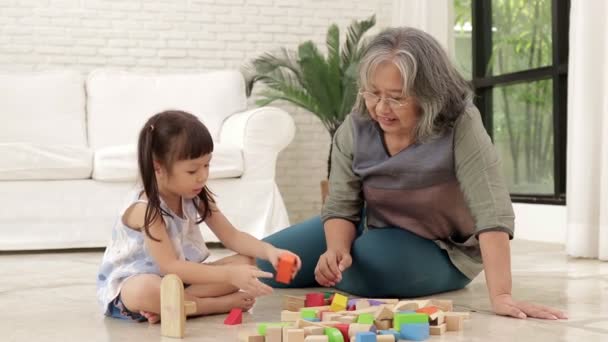Starsza Babcia Wnuczką Azjatką Bawią Się Razem Drewnianymi Zabawkami Salonie — Wideo stockowe