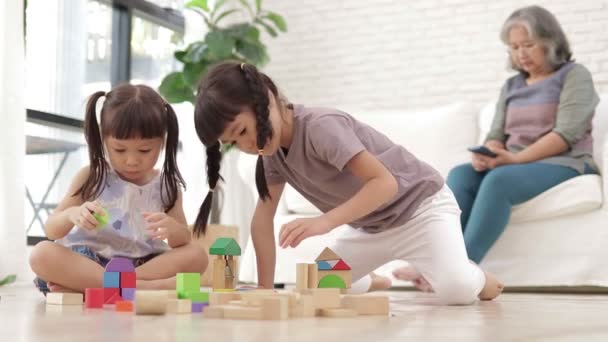 Dwie Azjatki Bawiące Się Razem Drewnianymi Zabawkami Babcia Patrzyła Nią — Wideo stockowe