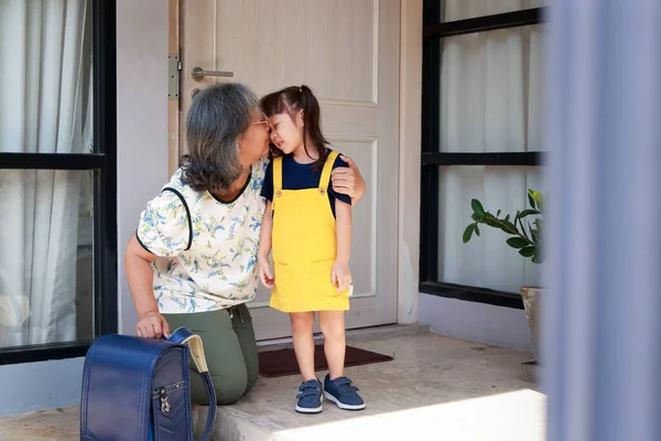 Elderly Grandmother Cute Little Granddaughter Live Home Together Grandma Dressed — Stock Photo, Image