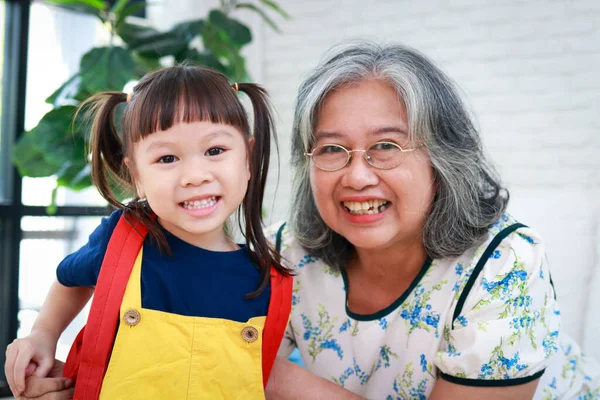 Elderly Grandmother Cute Little Granddaughter Live Home Together Grandma Dressed — Stock Photo, Image