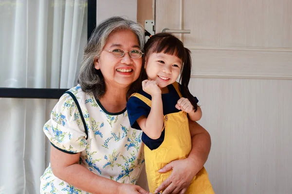 Elderly Grandmother Cute Little Granddaughter Live Home Together Grandma Dressed — Stock Photo, Image