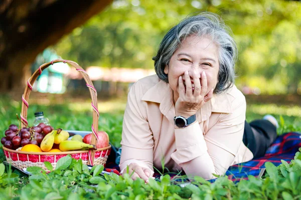 Asijské Starší Žena Piknik Parku Ležící Trávě Košíkem Ovoce Vedle — Stock fotografie