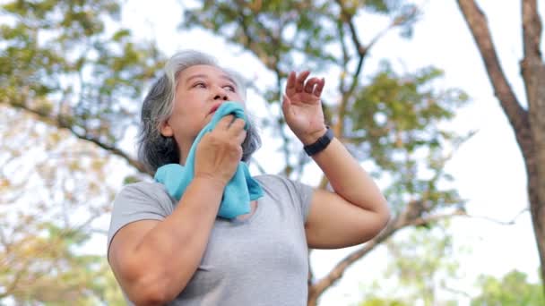 午前中は公園で高齢の女性が運動をする 汗をかいた青いハンカチを顔にかざしてください 屋外運動の概念 シニアヘルスケア — ストック動画
