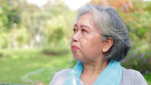 午前中は屋外公園で運動するアジア系の高齢女性 運動後に普通の水を飲む 高齢者の健康管理の概念は — ストック動画