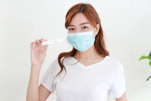 Beautiful Asian Woman She Wearing Blue Mask She Sick Flu — Stock Photo, Image