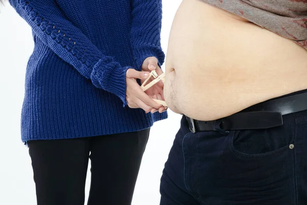 Mulher Segurando Paquímetro Para Medir Gordura Barriga Para Pessoas Obesas — Fotografia de Stock
