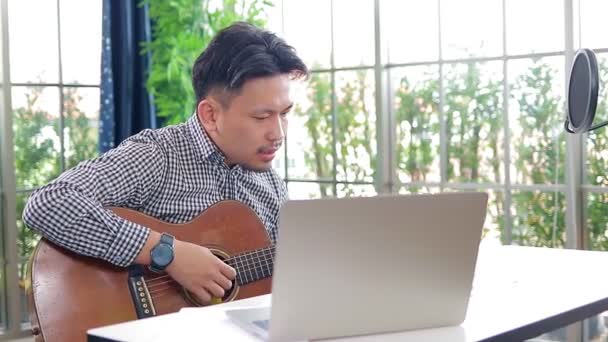 Asian Male Musician Playing Guitar Recording Studio Playing Live Music — Stock Video