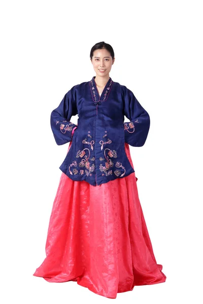 Vacker Asiatisk Kvinna Som Bär Hanbok Koreas Nationalklänning Vit Bakgrund — Stockfoto